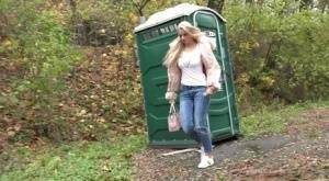 Blonde Katy Sky has to drop her jeans & pee in public because of locked toilet on galpictures.com
