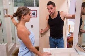 Skinny wife Presley Hart seduces her husband's friend in a bathroom on galpictures.com