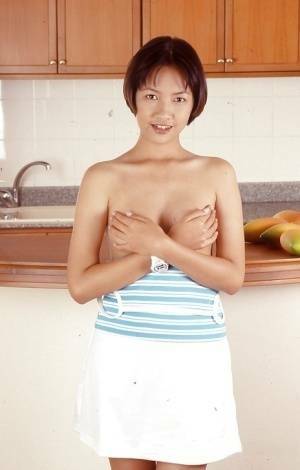 Clothed Asian with tiny tits is posing in the kitchen with spread legs on galpictures.com