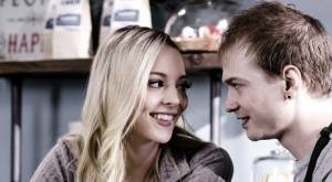 Young blonde Lily Larimar has sex with a guy while they're working in cafe on galpictures.com