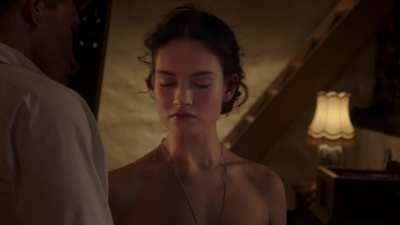 Imagine you get stuck in a mountain hut with Lily James due to a snowstorm and she makes clear she does not intend to spend the time reading books. How will she get fucked through the days you are stuck there? on galpictures.com
